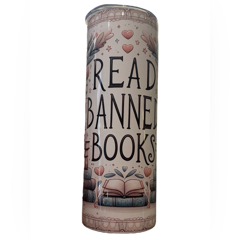 Read Banned Books Handcrafted 20 Oz Stainless Steel Hot/Cold Tumbler with Straw